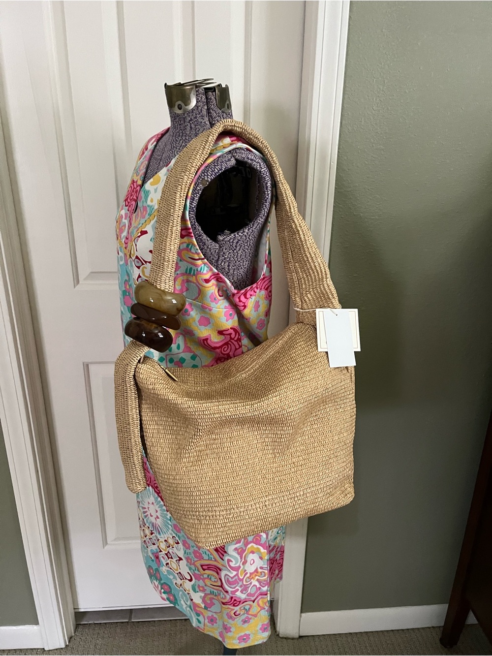 Dolce Vita Bracelet Handbag Woven Straw Hobo Bag with Bead Accent - Tan